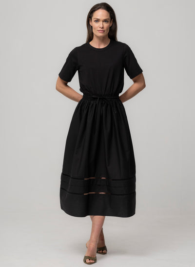 LULI BLACK T-SHIRT TOP WITH COTTON POPLIN SKIRT EVERYDAY MIDI DRESS