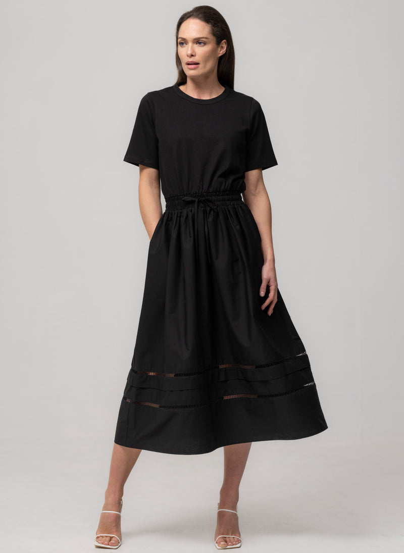 LULI BLACK T-SHIRT TOP WITH COTTON POPLIN SKIRT EVERYDAY MIDI DRESS