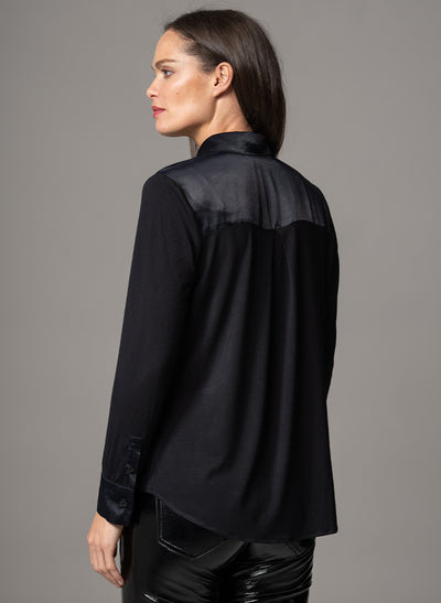 LYNETTE BLACK CLASSIC FIT JERSEY AND WOVEN SATIN BLEND SHIRT