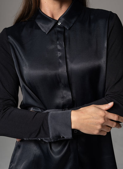 LYNETTE BLACK CLASSIC FIT JERSEY AND WOVEN SATIN BLEND SHIRT