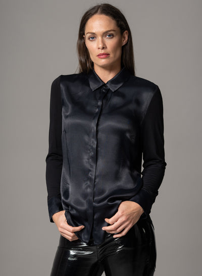 LYNETTE BLACK CLASSIC FIT JERSEY AND WOVEN SATIN BLEND SHIRT