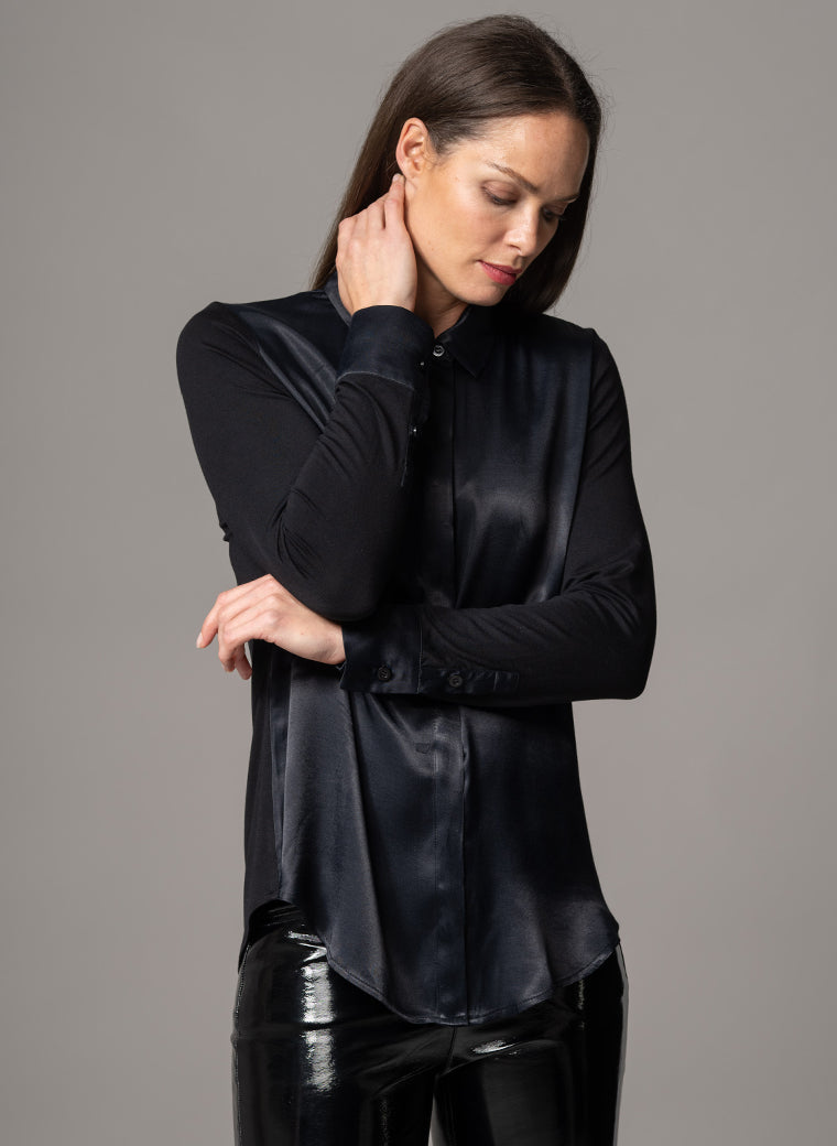 LYNETTE BLACK CLASSIC FIT JERSEY AND WOVEN SATIN BLEND SHIRT