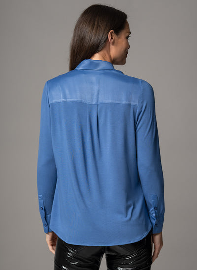 LYNETTE MID-BLUE CLASSIC FIT JERSEY AND WOVEN SATIN BLEND SHIRT