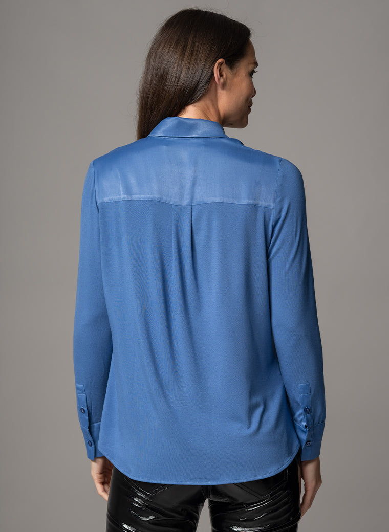 LYNETTE MID-BLUE CLASSIC FIT JERSEY AND WOVEN SATIN BLEND SHIRT
