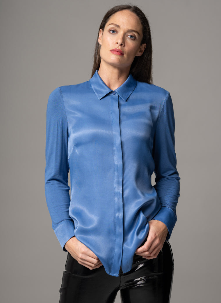 LYNETTE MID-BLUE CLASSIC FIT JERSEY AND WOVEN SATIN BLEND SHIRT