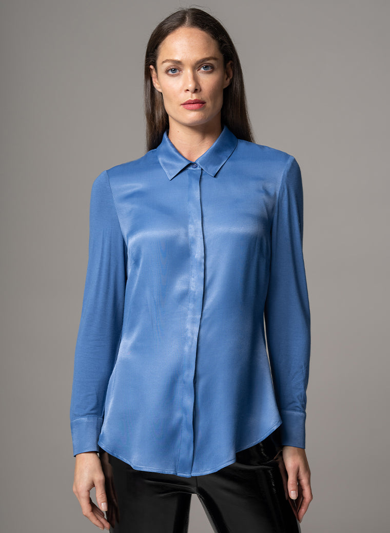 LYNETTE MID-BLUE CLASSIC FIT JERSEY AND WOVEN SATIN BLEND SHIRT