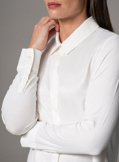 LYNETTE IVORY CLASSIC FIT JERSEY AND WOVEN SATIN BLEND SHIRT