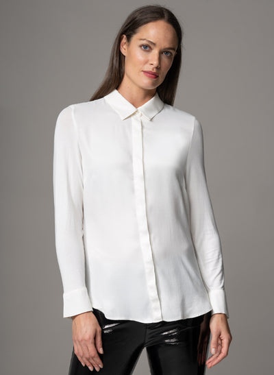 LYNETTE IVORY CLASSIC FIT JERSEY AND WOVEN SATIN BLEND SHIRT