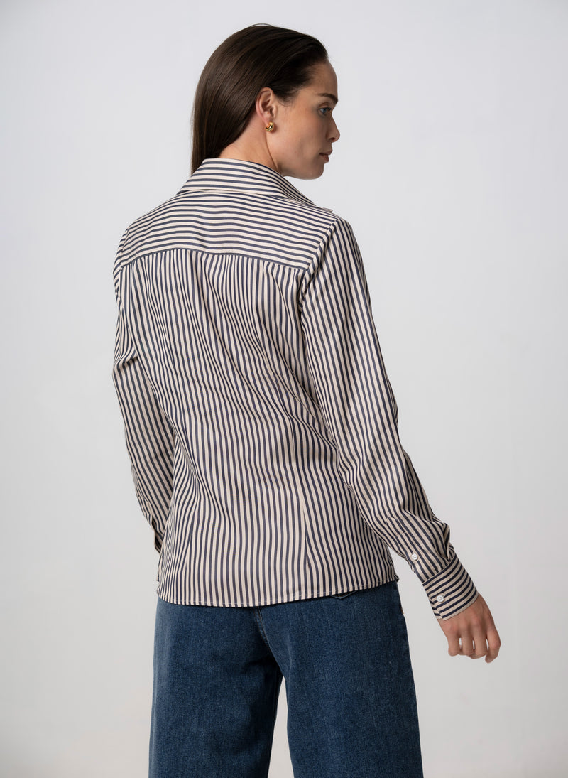 Maddie Navy & Ivory Stripe Open Collar Classic Tailored Blouse in Tencel