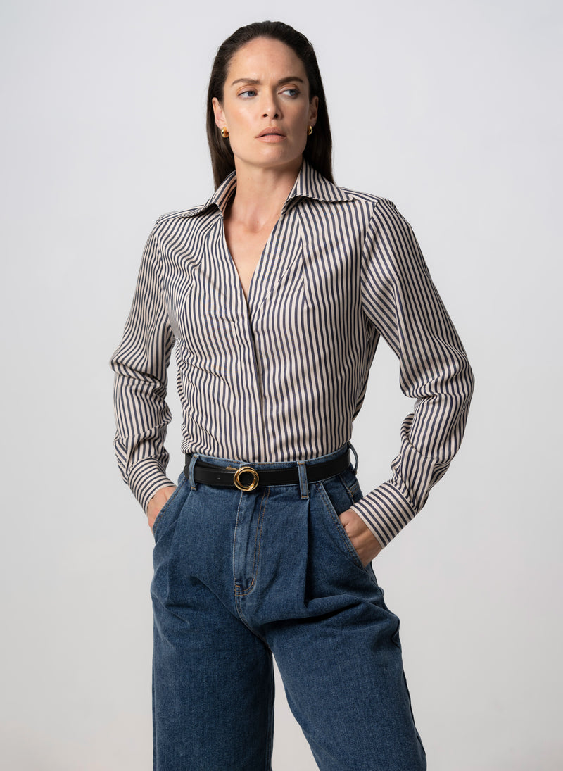 Maddie Navy & Ivory Stripe Open Collar Classic Tailored Blouse in Tencel