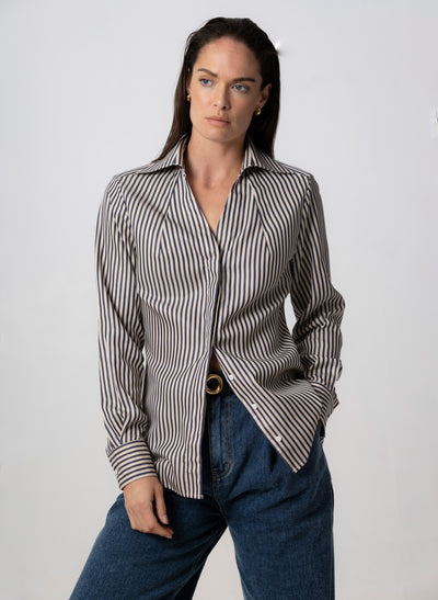Maddie Navy & Ivory Stripe Open Collar Classic Tailored Blouse in Tencel