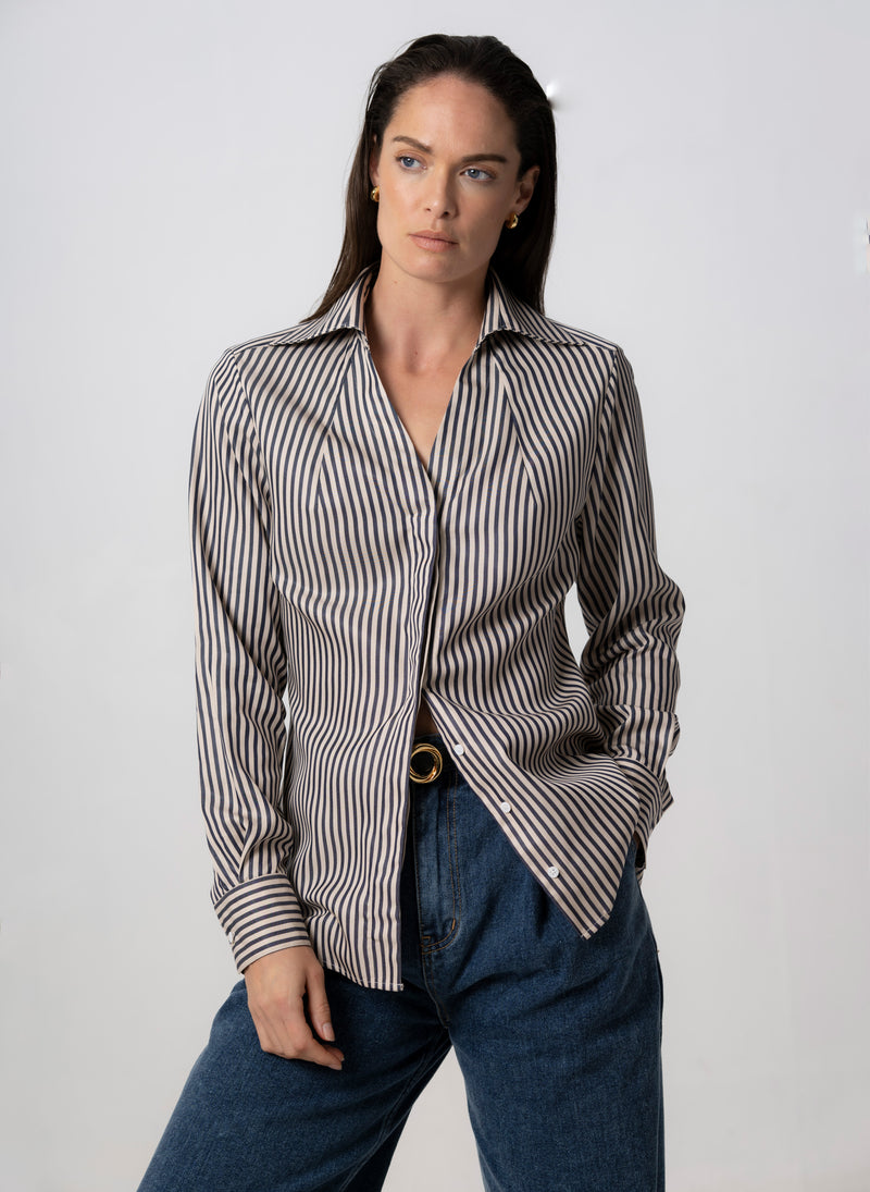 Maddie Navy & Ivory Stripe Open Collar Classic Tailored Blouse in Tencel