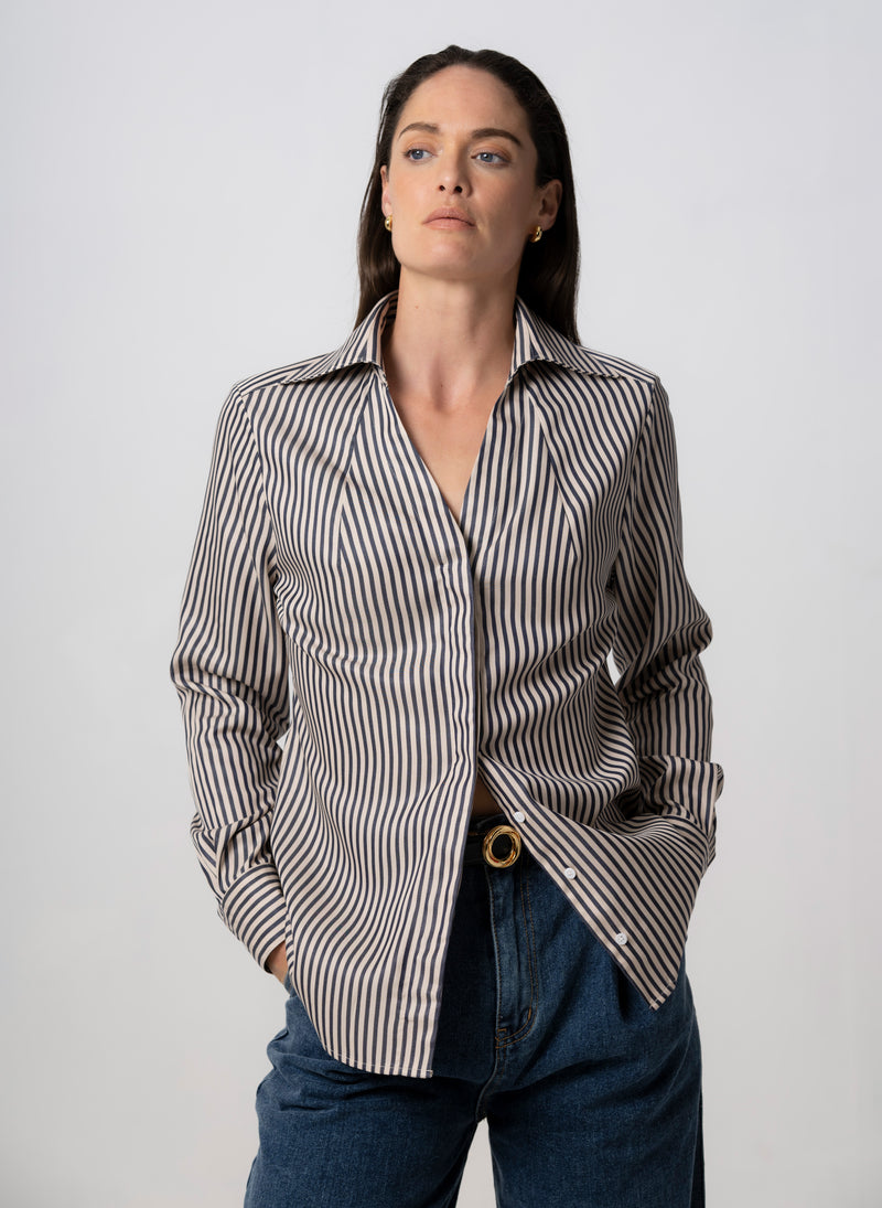 Maddie Navy & Ivory Stripe Open Collar Classic Tailored Blouse in Tencel