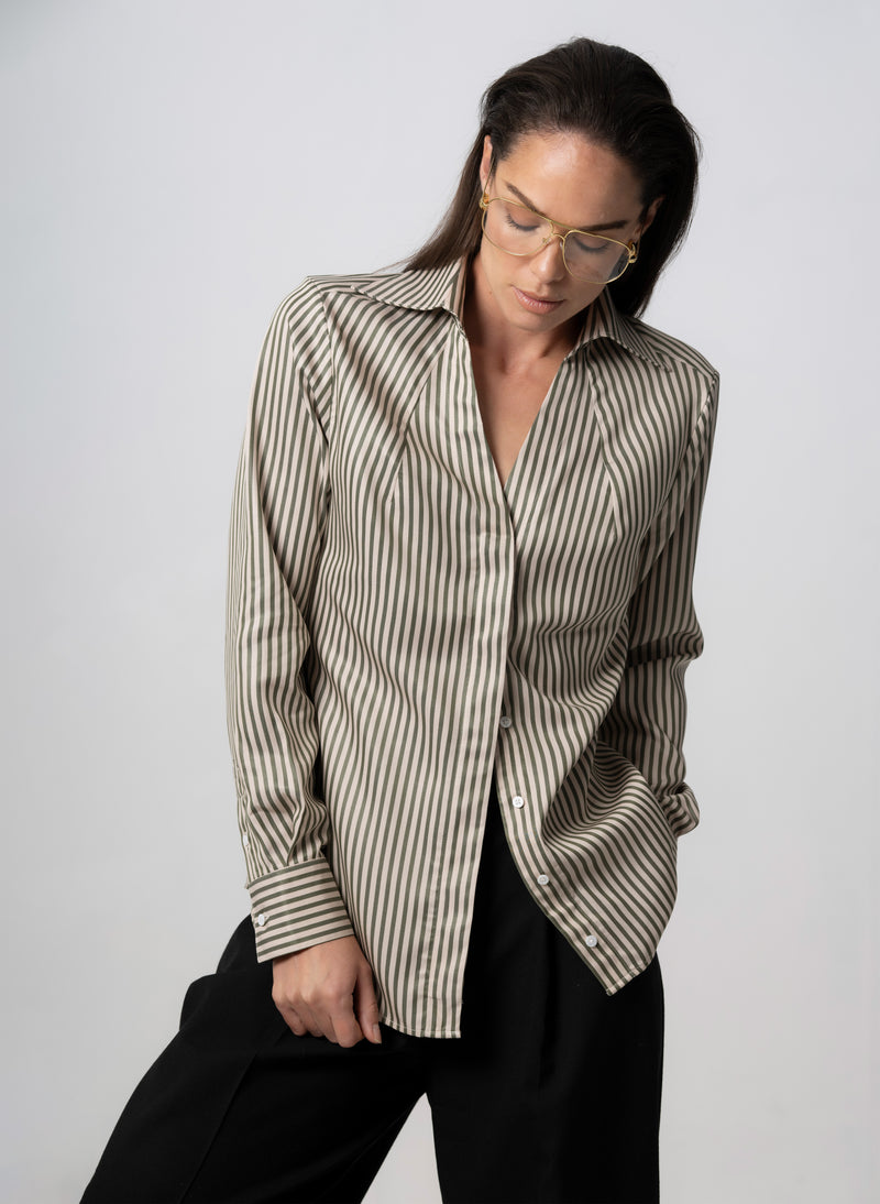 Maddie Olive & Ivory Stripe Open Collar Classic Tailored Blouse in Tencel