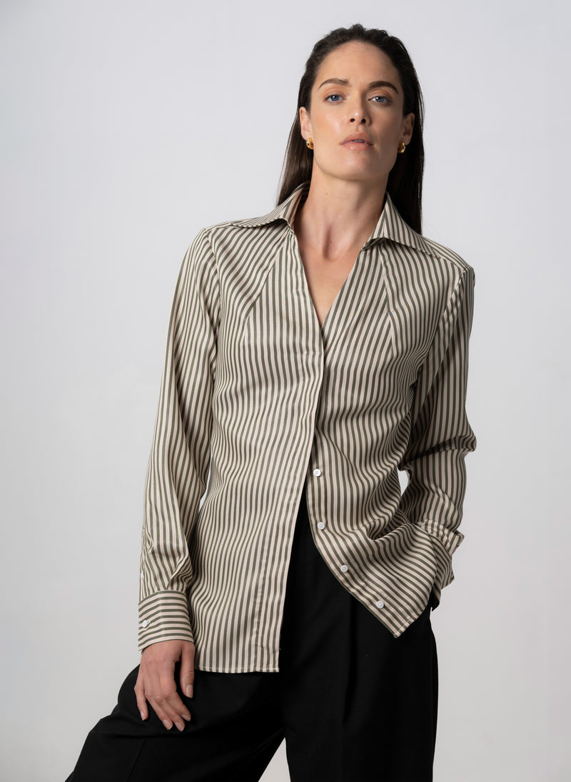 Maddie Olive & Ivory Stripe Open Collar Classic Tailored Blouse in Tencel