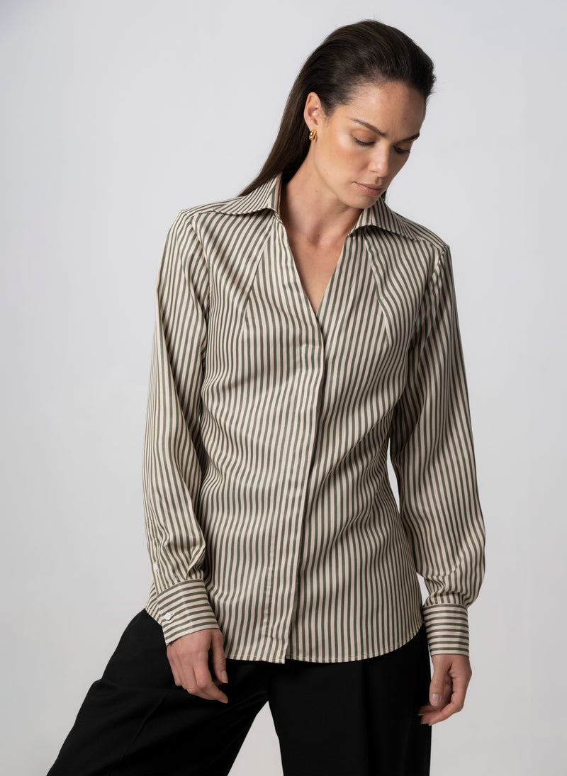 Maddie Olive & Ivory Stripe Open Collar Classic Tailored Blouse in Tencel