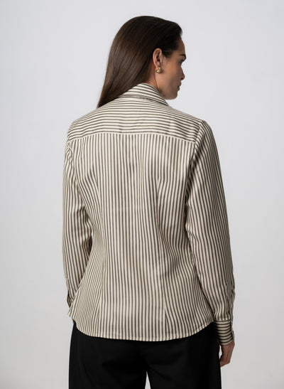 Maddie Olive & Ivory Stripe Open Collar Classic Tailored Blouse in Tencel