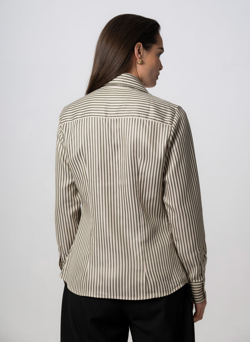 Maddie Olive & Ivory Stripe Open Collar Classic Tailored Blouse in Tencel