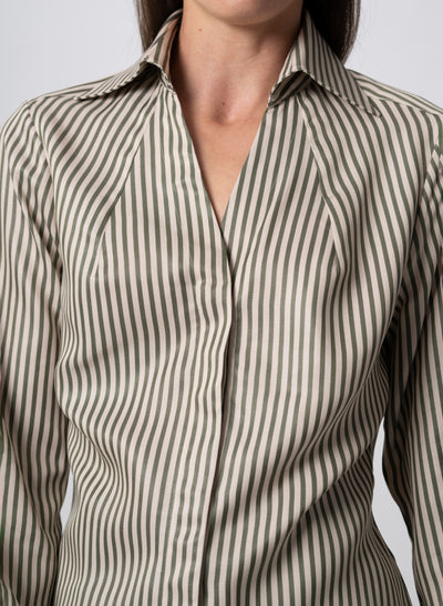 Maddie Olive & Ivory Stripe Open Collar Classic Tailored Blouse in Tencel