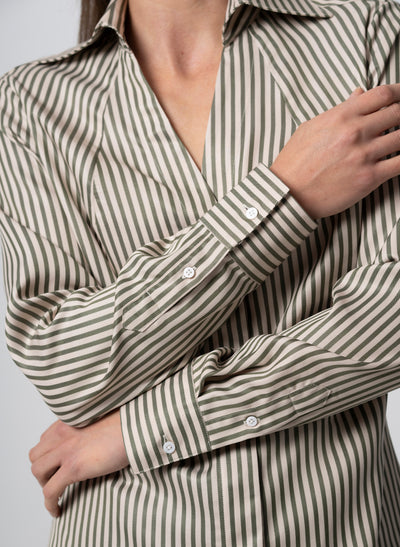 Maddie Olive & Ivory Stripe Open Collar Classic Tailored Blouse in Tencel