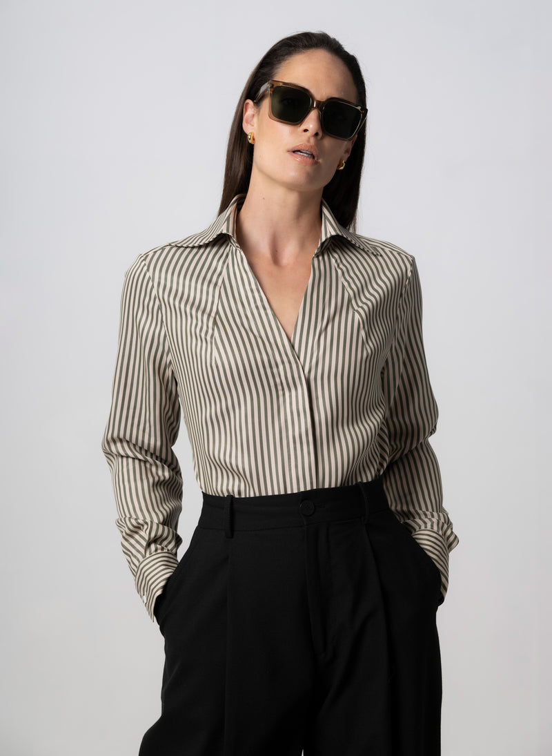 Maddie Olive & Ivory Stripe Open Collar Classic Tailored Blouse in Tencel