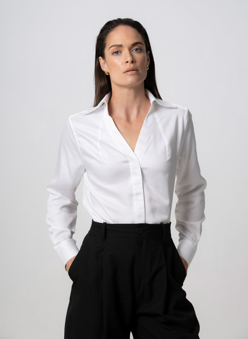 Maddie White Open Collar Classic Tailored Blouse in Tencel