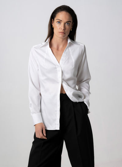 Maddie White Open Collar Classic Tailored Blouse in Tencel