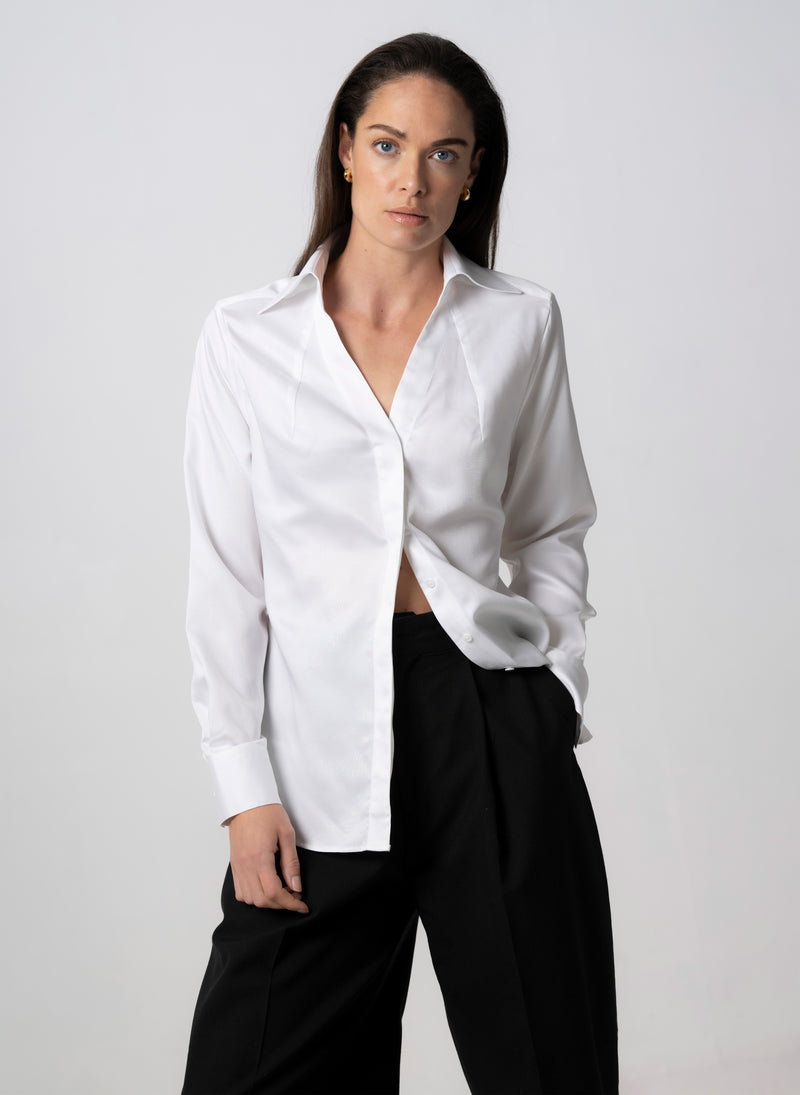 Maddie White Open Collar Classic Tailored Blouse in Tencel