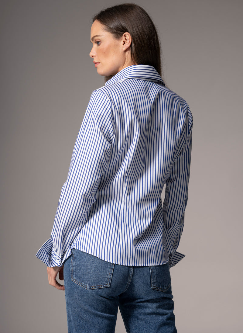 MADELENA "THE BOSS" BLUE & WHITE STRIPE TAILORED V-NECK COTTON SHIRT