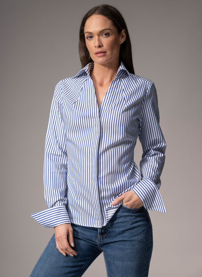 MADELENA "THE BOSS" BLUE & WHITE STRIPE TAILORED V-NECK COTTON SHIRT