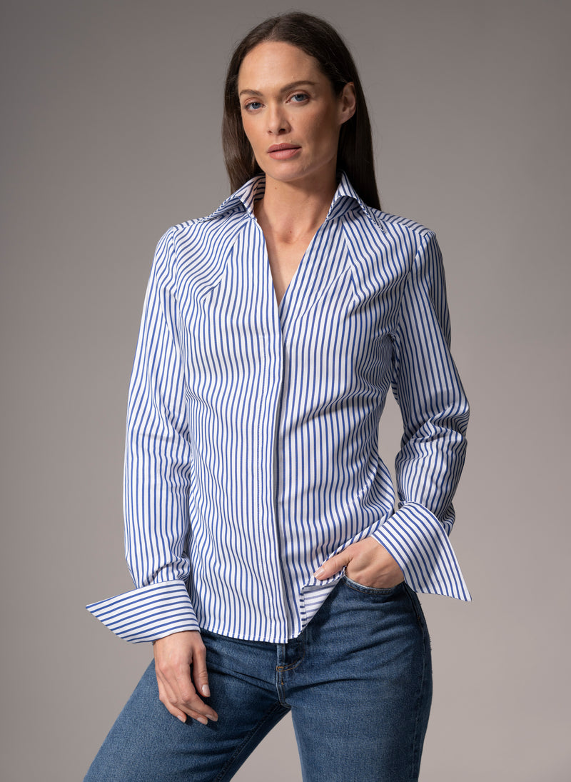 Madelena "The Boss" Blue & White Stripe Tailored V-Neck Cotton Shirt