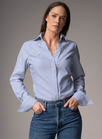 Madelena "The Boss" Blue & White Stripe Tailored V-Neck Cotton Shirt