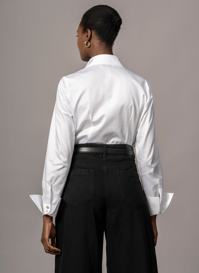 Madelena "The Boss" White Tailored V-Neck Cotton Shirt