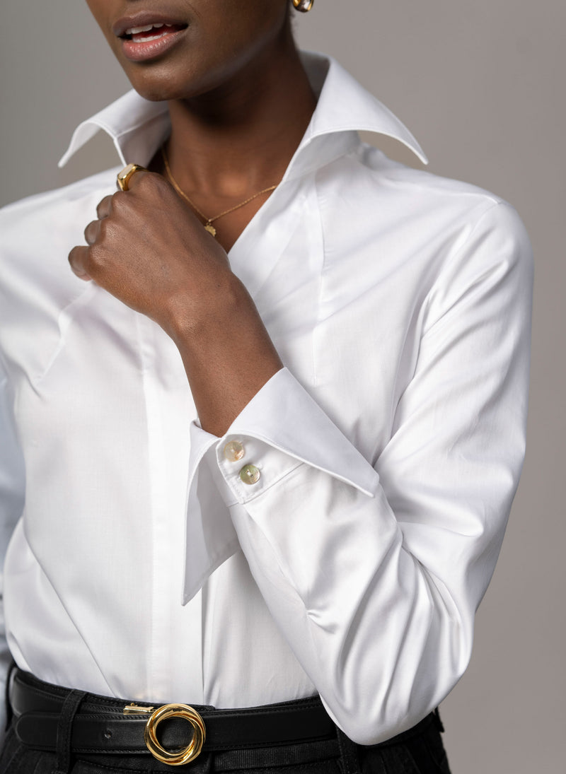Madelena "The Boss" White Tailored V-Neck Cotton Shirt