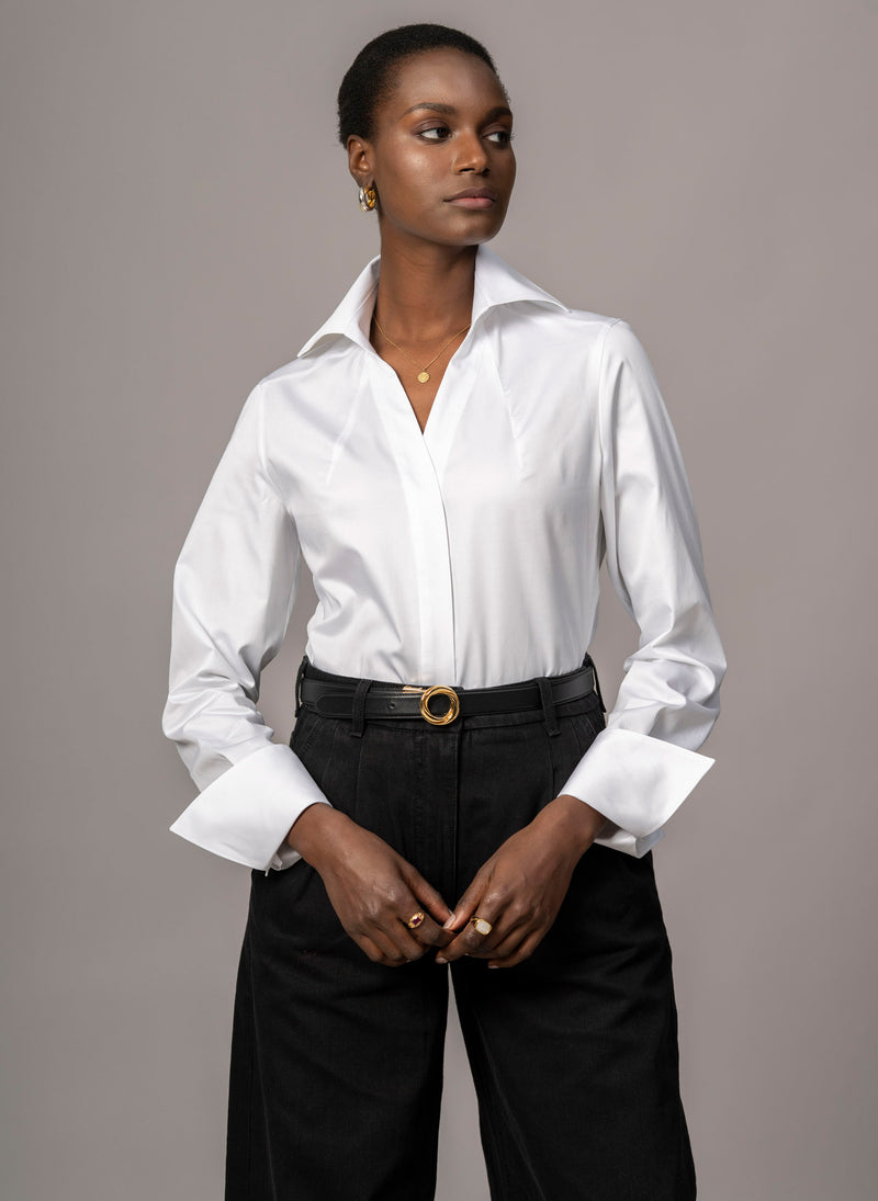 Madelena "The Boss" White Tailored V-Neck Cotton Shirt