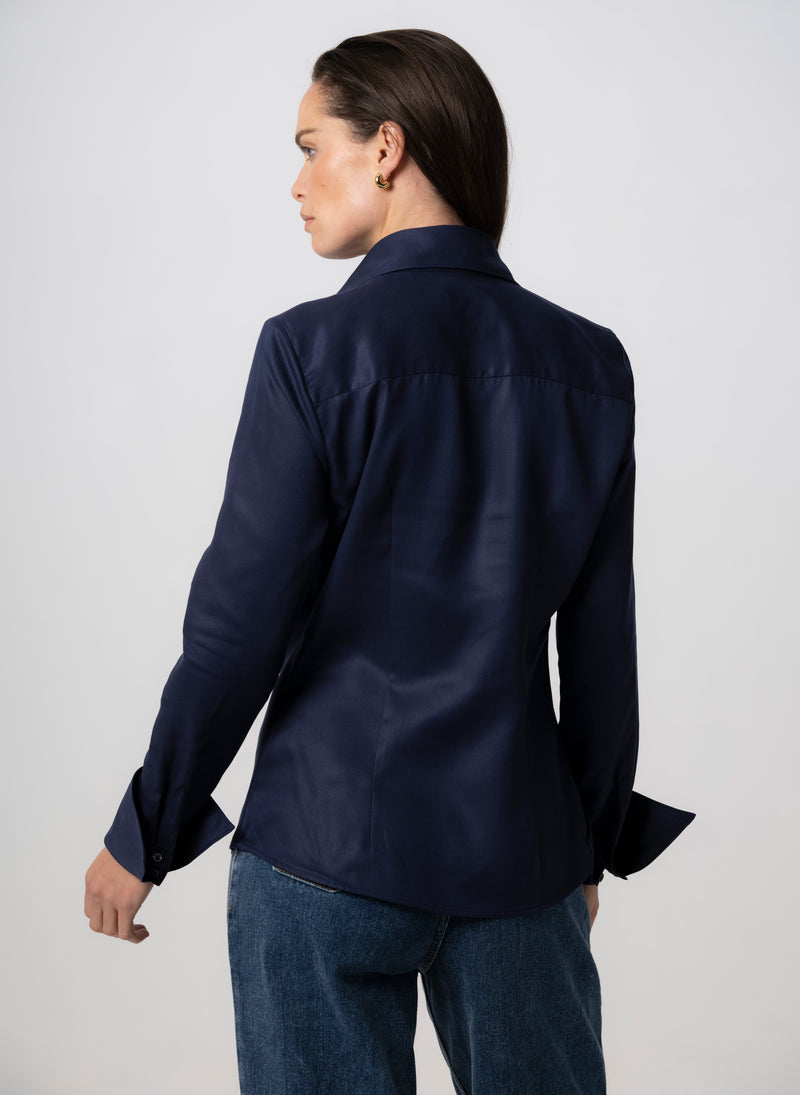 Madelena "The Boss" Navy Tailored V-Neck Shirt  in Tencel