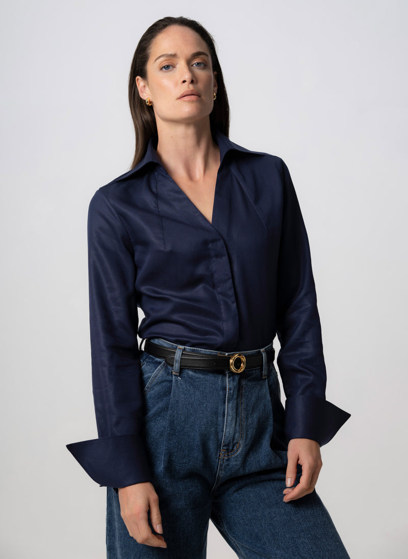Madelena "The Boss" Navy Tailored V-Neck Shirt  in Tencel