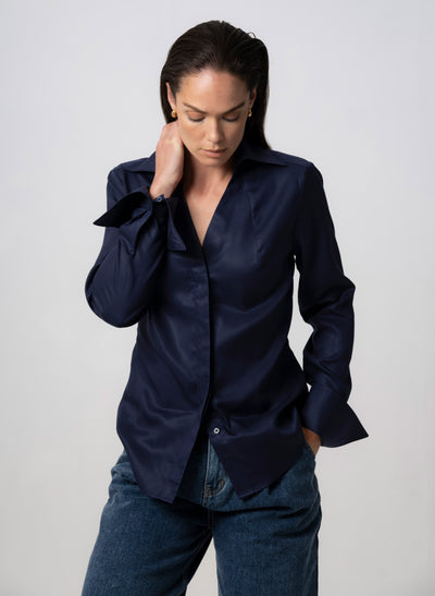 Madelena "The Boss" Navy Tailored V-Neck Shirt  in Tencel
