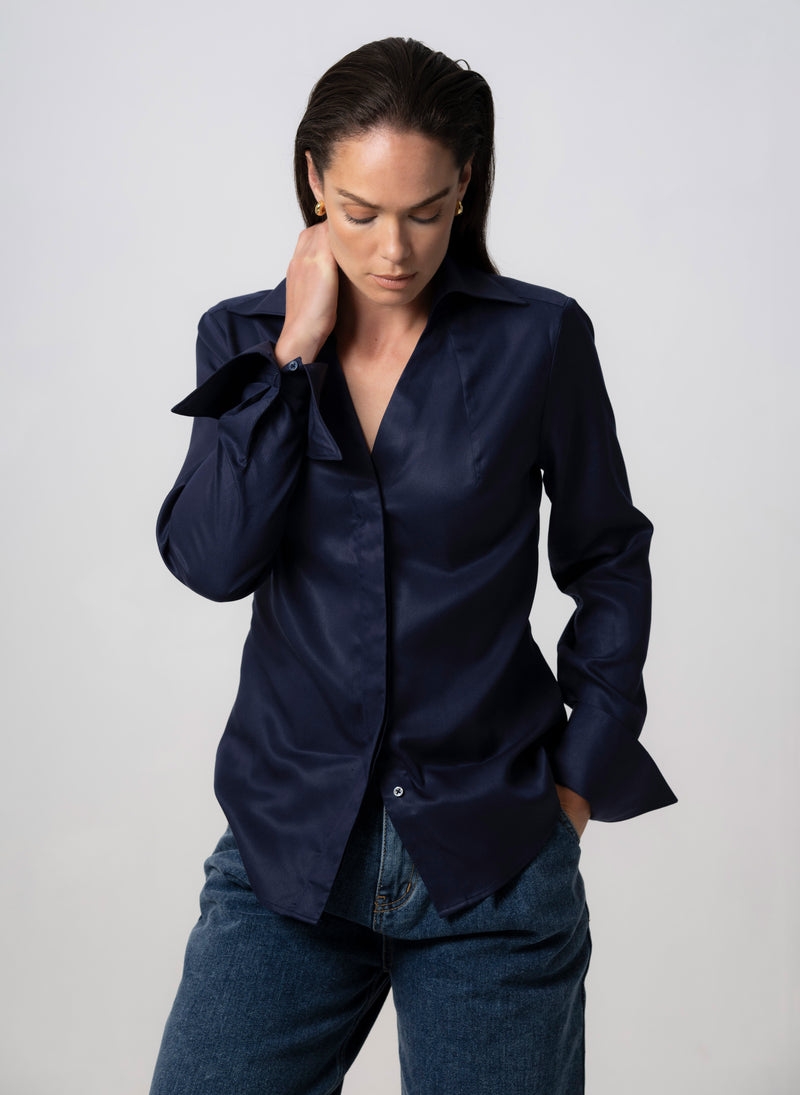 Madelena "The Boss" Navy Tailored V-Neck Shirt  in Tencel