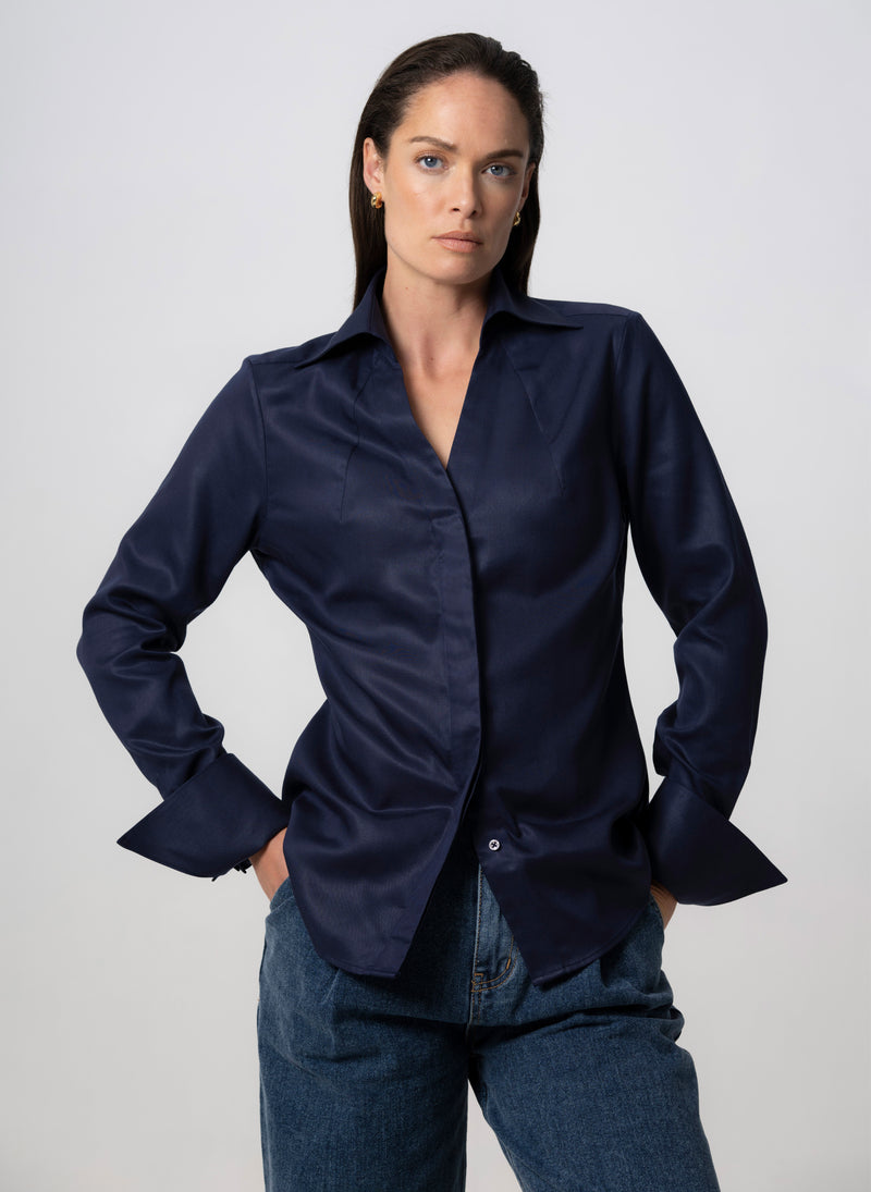 Madelena "The Boss" Navy Tailored V-Neck Shirt  in Tencel