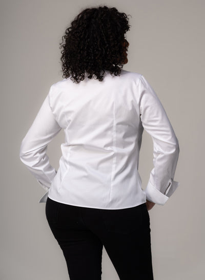 Madelena Curve "The Boss" White Tailored V-Neck Cotton Shirt