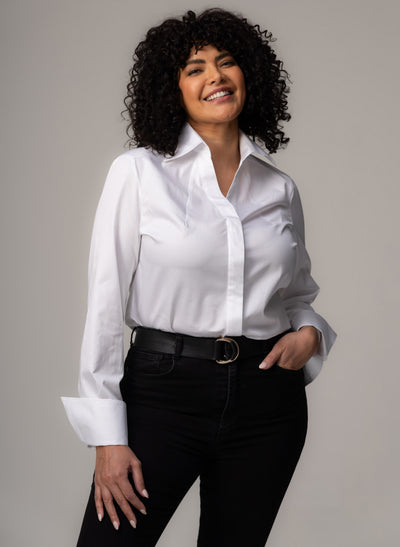 Madelena Curve "The Boss" White Tailored V-Neck Cotton Shirt