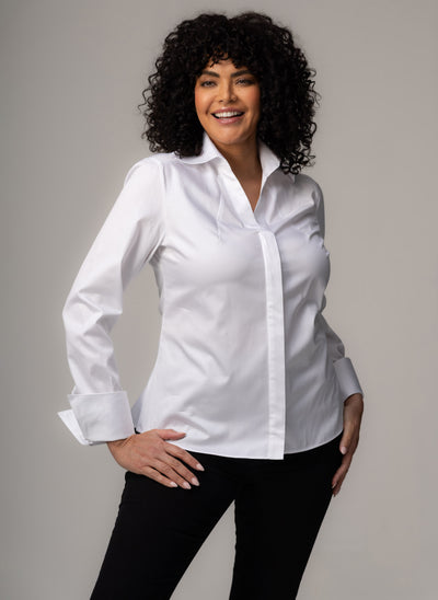 Madelena Curve "The Boss" White Tailored V-Neck Cotton Shirt