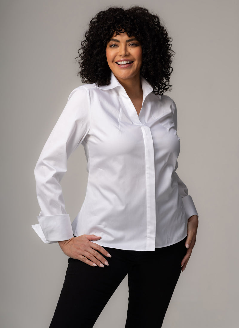 Madelena Curve "The Boss" White Tailored V-Neck Cotton Shirt