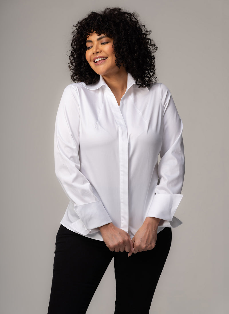 Madelena Curve "The Boss" White Tailored V-Neck Cotton Shirt