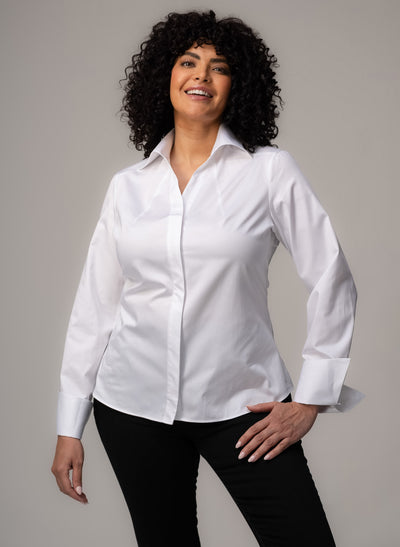 Madelena Curve "The Boss" White Tailored V-Neck Cotton Shirt