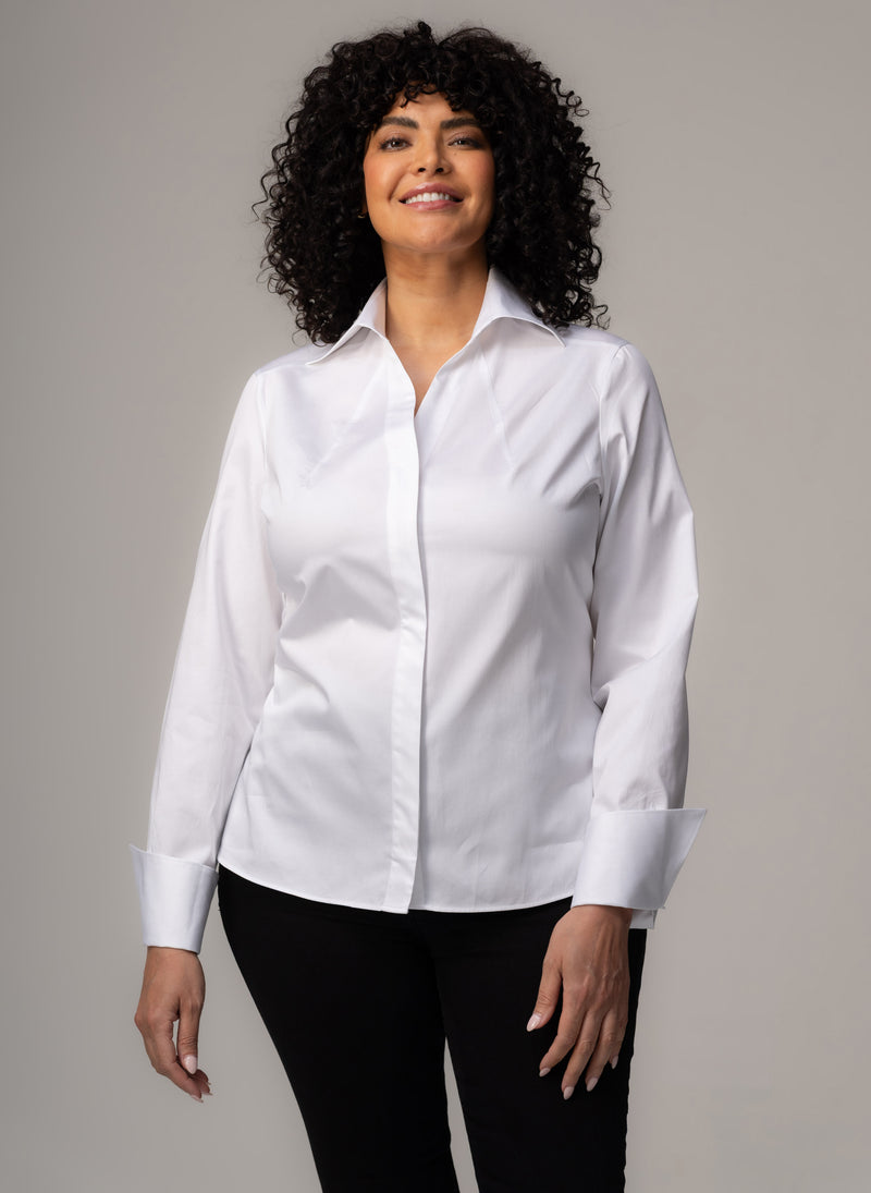Madelena Curve "The Boss" White Tailored V-Neck Cotton Shirt