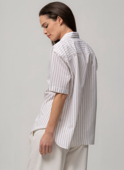 MALIBU BEIGE & WHITE STRIPE SHORT SLEEVE COTTON & LINEN HOLIDAY SHIRT WITH REVER COLLAR