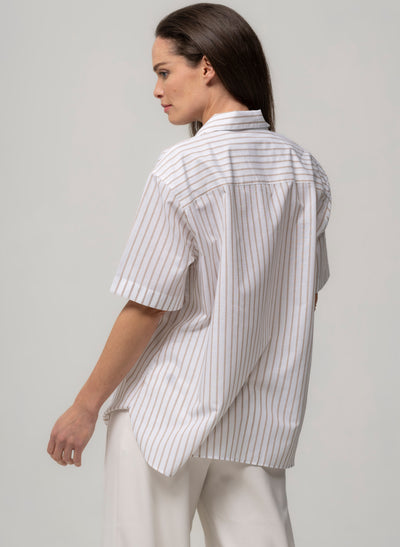 MALIBU BEIGE & WHITE STRIPE SHORT SLEEVE COTTON & LINEN HOLIDAY SHIRT WITH REVER COLLAR