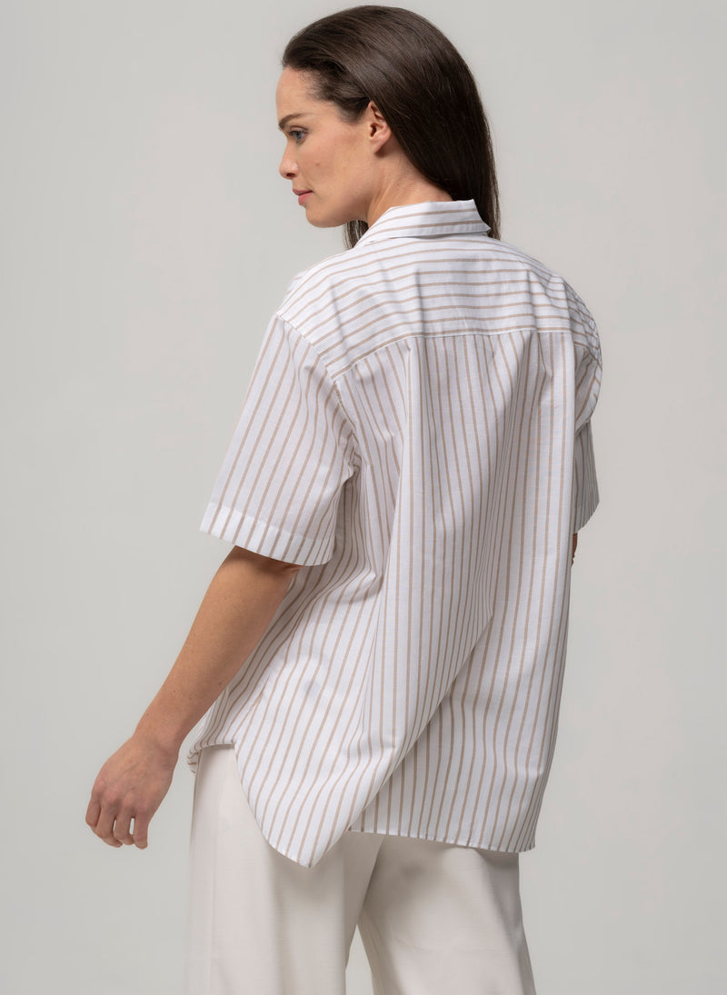 Malibu Beige & White Stripe Short Sleeve Cotton & Linen Holiday Shirt